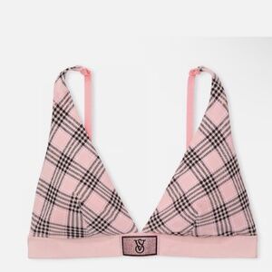 victoria’s Secret T-SHIRT Shine Patch Wireless Pink Plaid Bling Plunge Bralette